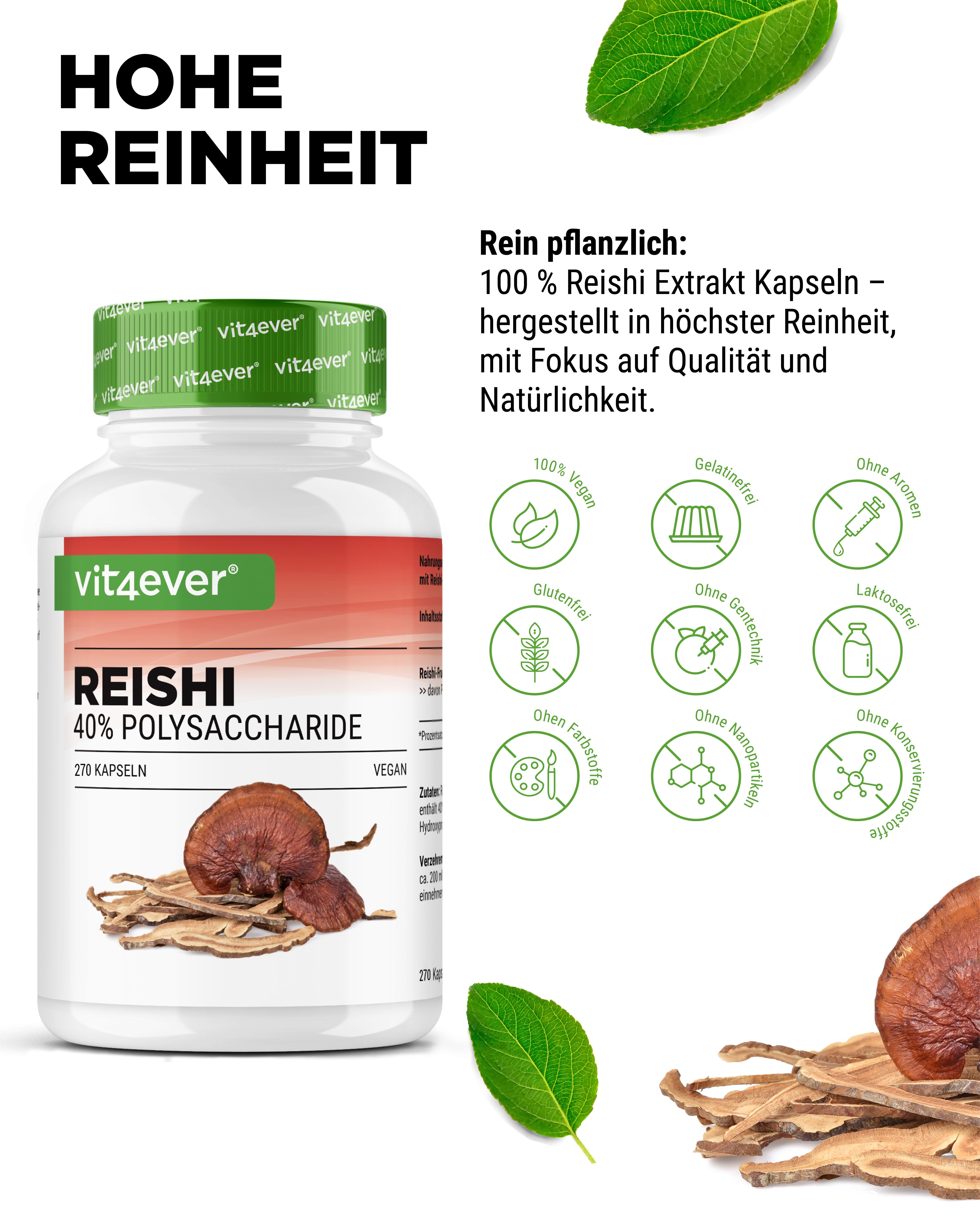 Weiße Flasche mit grüner Kappe. Aufschrift: vit4ever, Reishi 40% Polysaccharide, 270 Kapseln. Symbole: vegan, glutenfrei, etc.