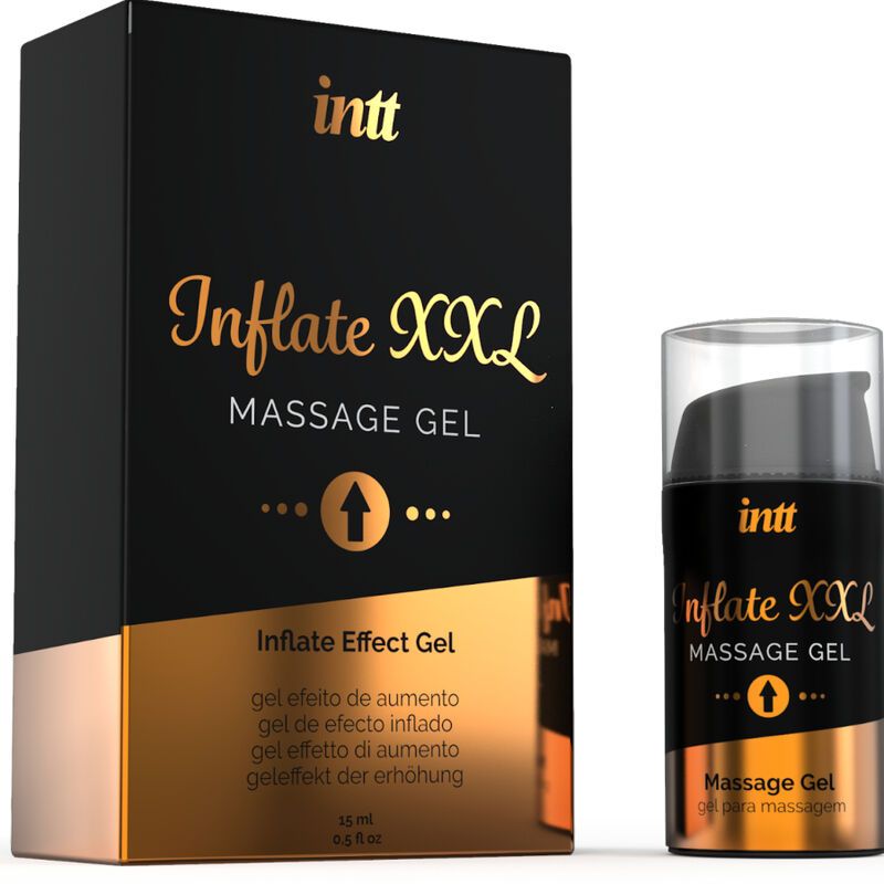 Schwarze Verpackung und Flasche. Aufschrift: INTT, Inflate XXL Massage Gel. Goldfarbene Akzente. Produktname und Logo deutlich sichtbar.