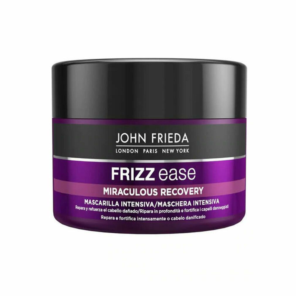 John Frieda Frizz Ease Miraculous Recovery Deep Conditioner. Runde Dose mit schwarzem Deckel und lila Etikett.
