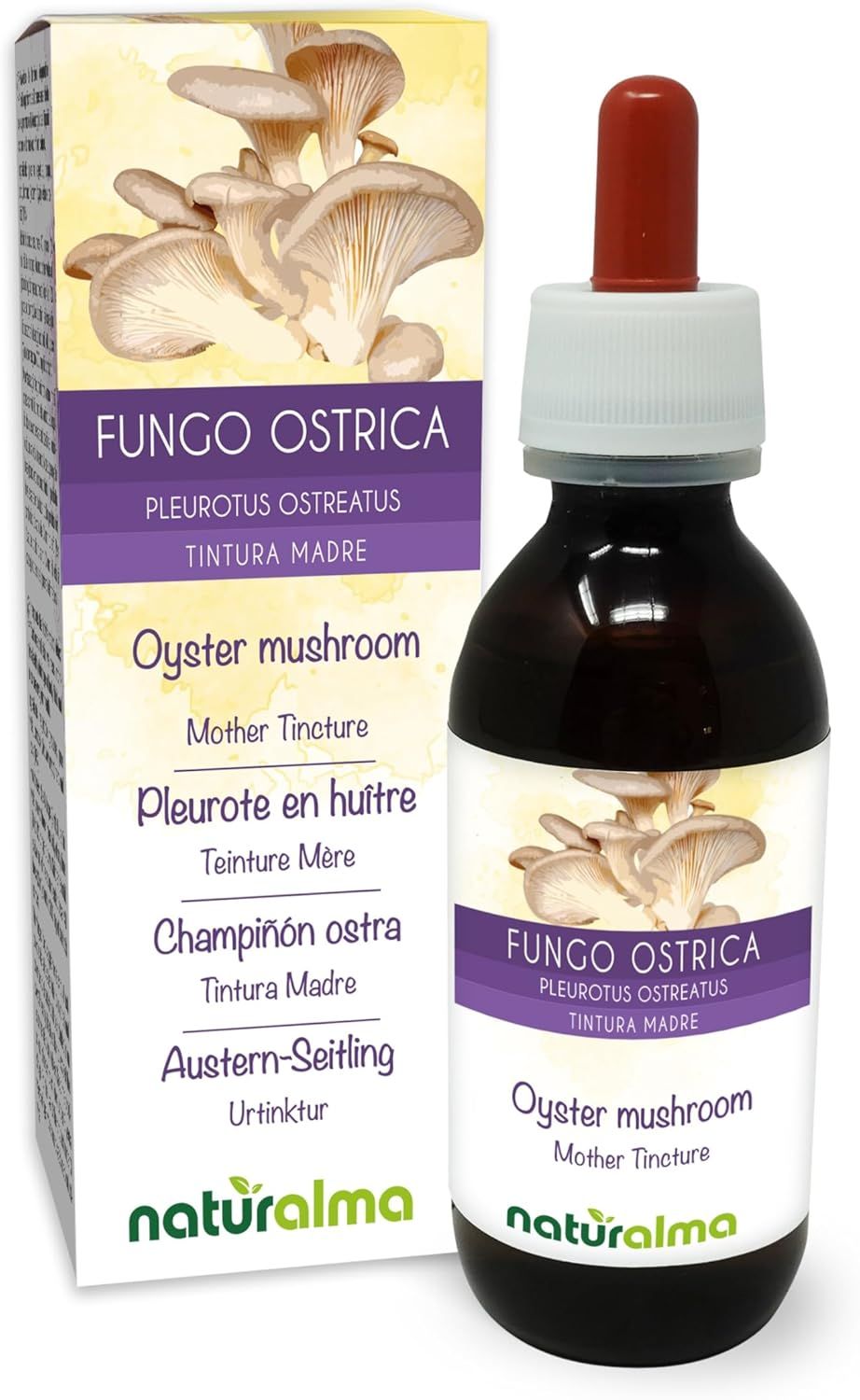 Produkt: Flasche und Verpackung. Aufschrift: Fungo Ostrica, Pleurotus ostreatus, Austern-Seitling, Tinktur. Braune Flüssigkeit, rote Pipette.