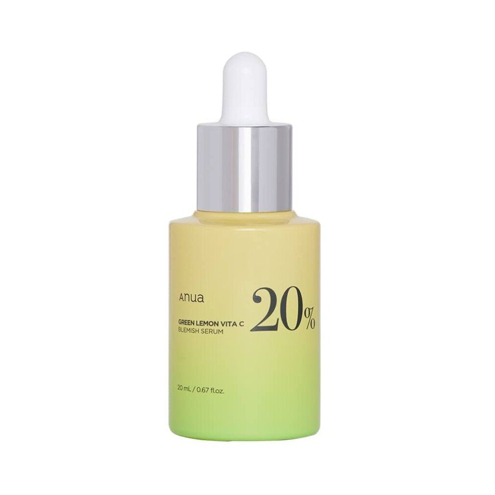 ANUA Green Lemon Vita C Blemish Serum Flasche mit Pipette. Gelb-grüner Farbverlauf, 20% aufgedruckt.