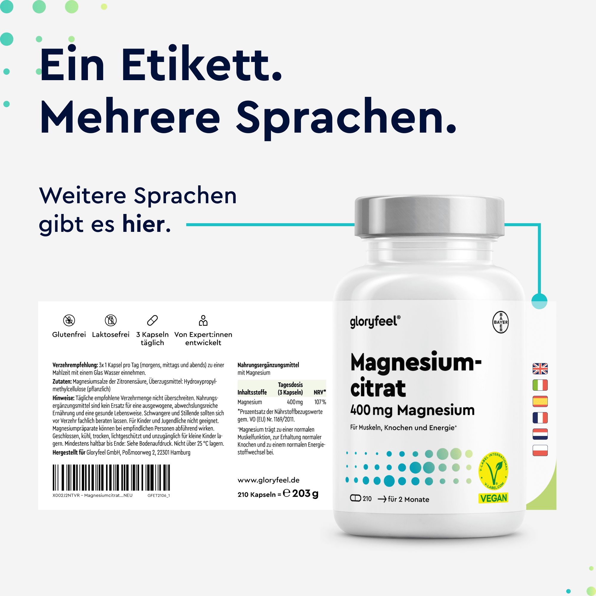 gloryfeel Magnesiumcitrat 365 Kapseln - Elementares Magnesium Hochdosiert