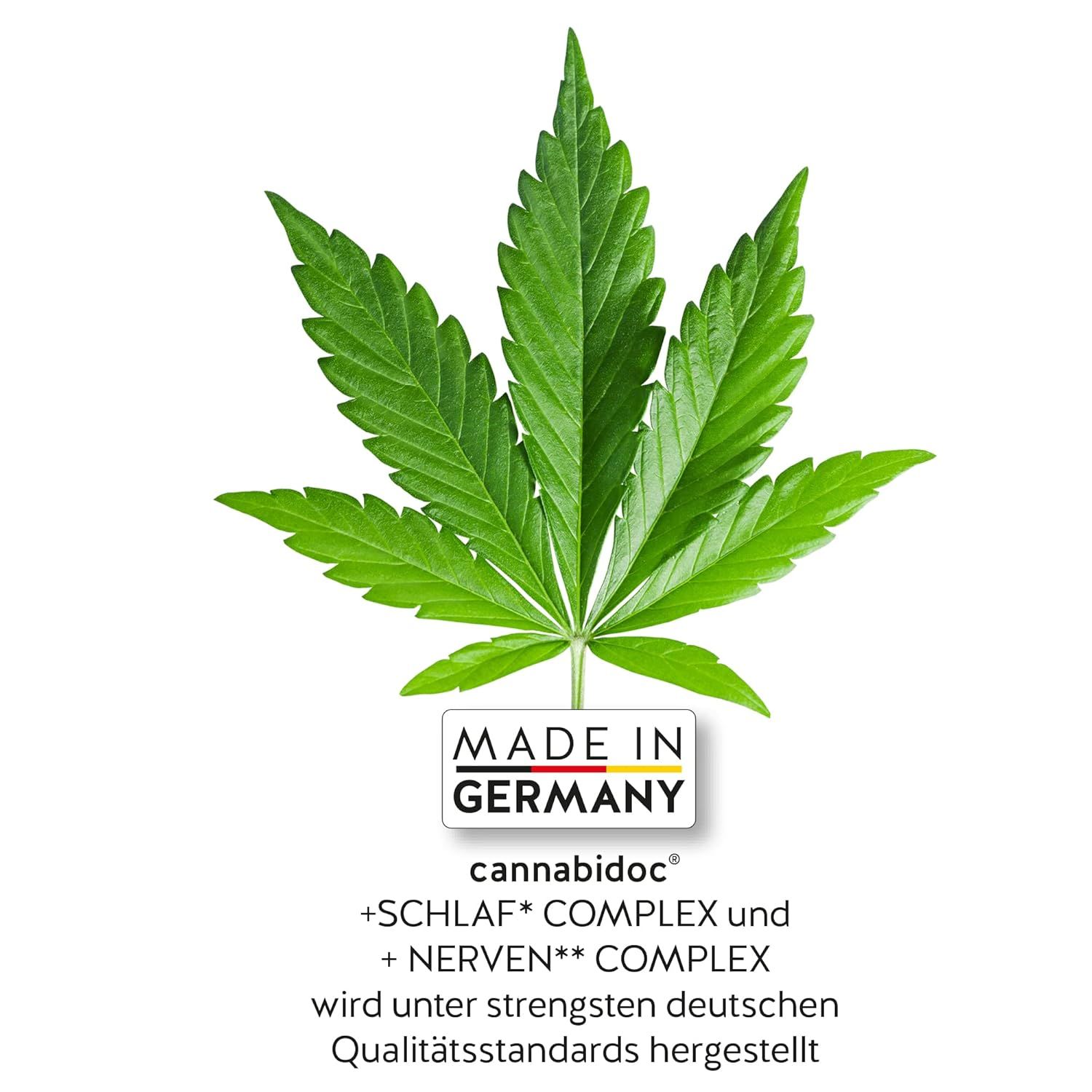 Grünes Cannabisblatt mit Text: MADE IN GERMANY. Text: cannabidoc® +SCHLAF* COMPLEX und +NERVEN** COMPLEX.