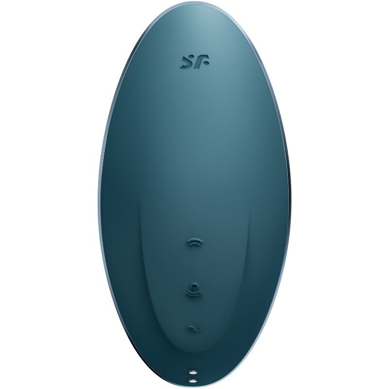 Ovaler, blauer Vibrator mit drei Tasten und Logo.