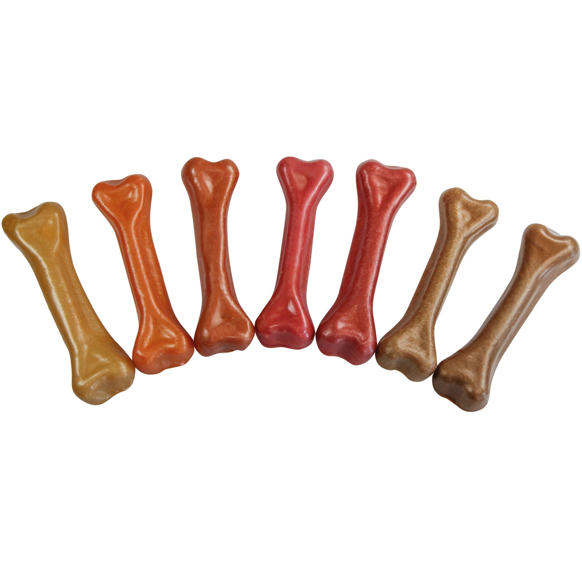 Sieben Kauknochen in verschiedenen Farben. Knochenförmig, angeordnet in einem Halbkreis. Farben: gelb, orange, rot und braun.