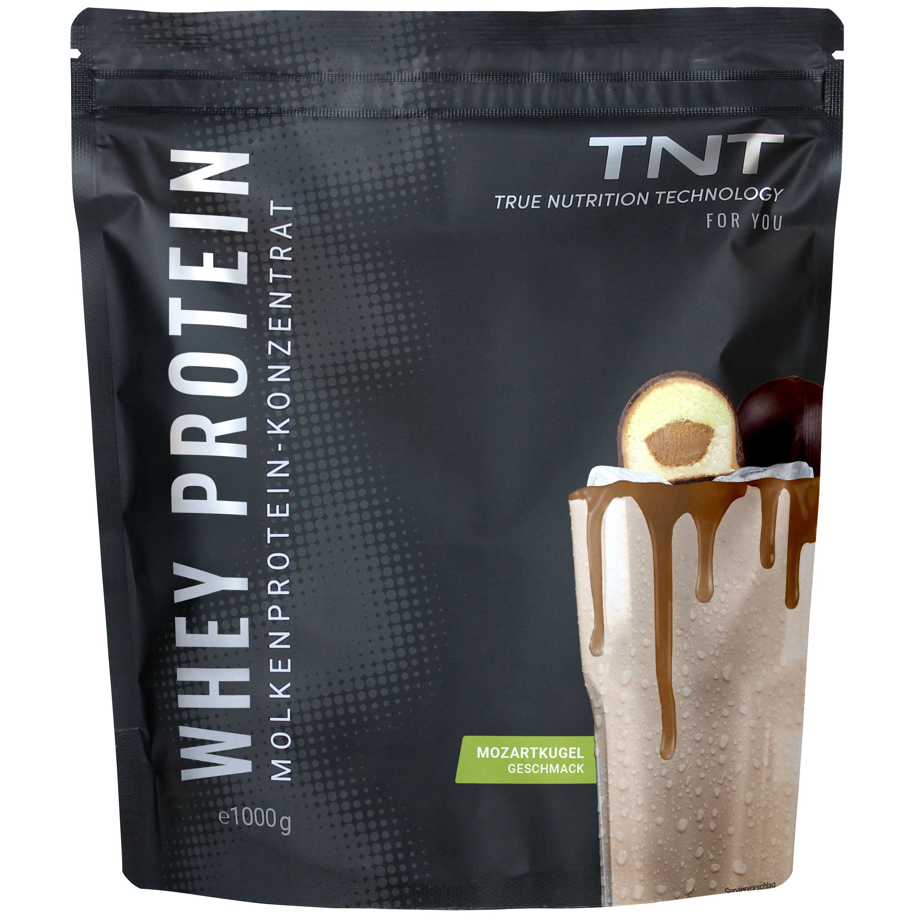 Schwarze Tüte mit TNT Whey Protein Konzentrat. Mozartkugel-Geschmack. Logo und Produktbezeichnung deutlich sichtbar. 1000g.