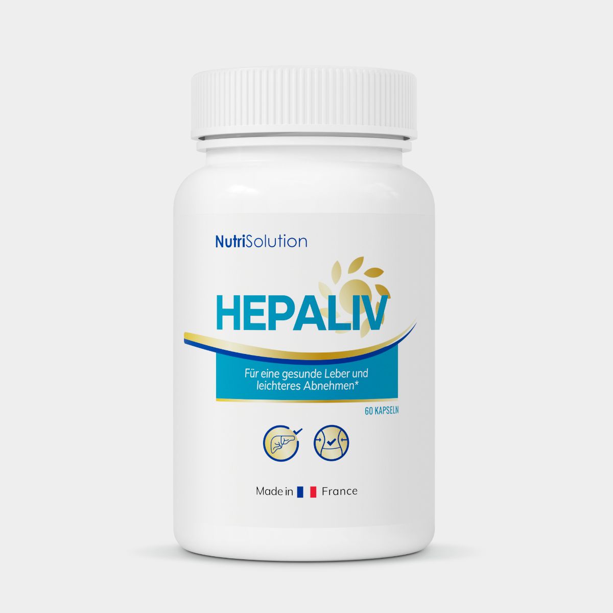 NutriSolution HepaLiv Kapselbehälter mit Etikett, das Lebergesundheit und Gewichtsabnahme erwähnt.