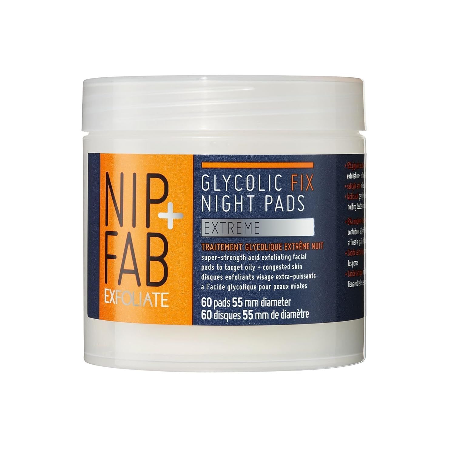 Weißes Tiegel mit Aufschrift NIP+FAB GLYCOLIC FIX NIGHT PADS EXTREME. 60 Pads, 55 mm Durchmesser.