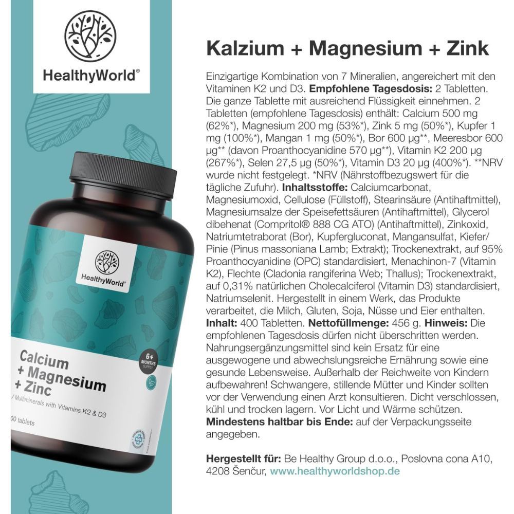 Flasche mit Tabletten. Text: Kalzium + Magnesium + Zink, 400 Tabletten. Inhaltsstoffe und Warnhinweise.