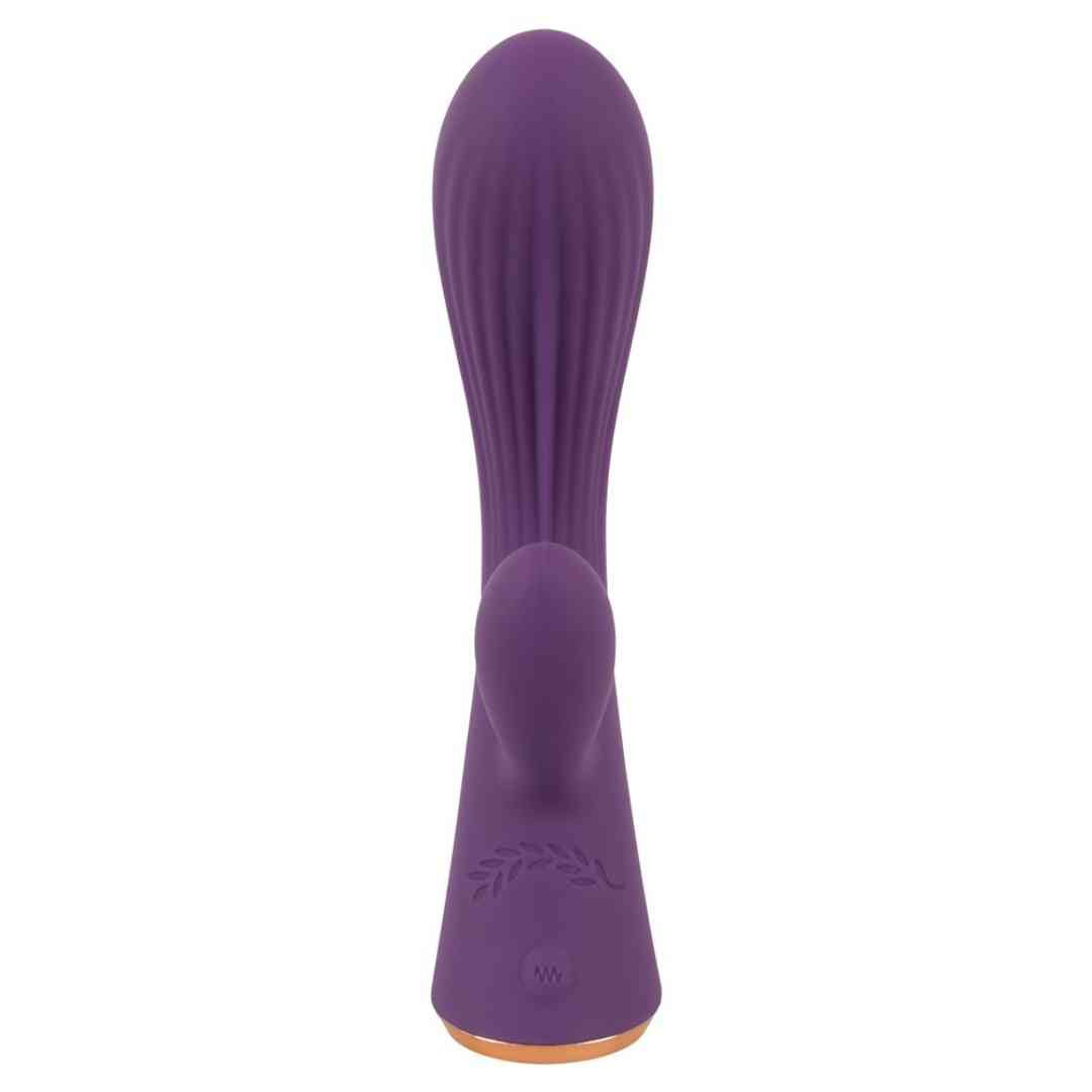 Lila Vibrator mit geriffelter Oberfläche und Hasenohren. Goldfarbener Sockel. Blattmuster am unteren Ende.
