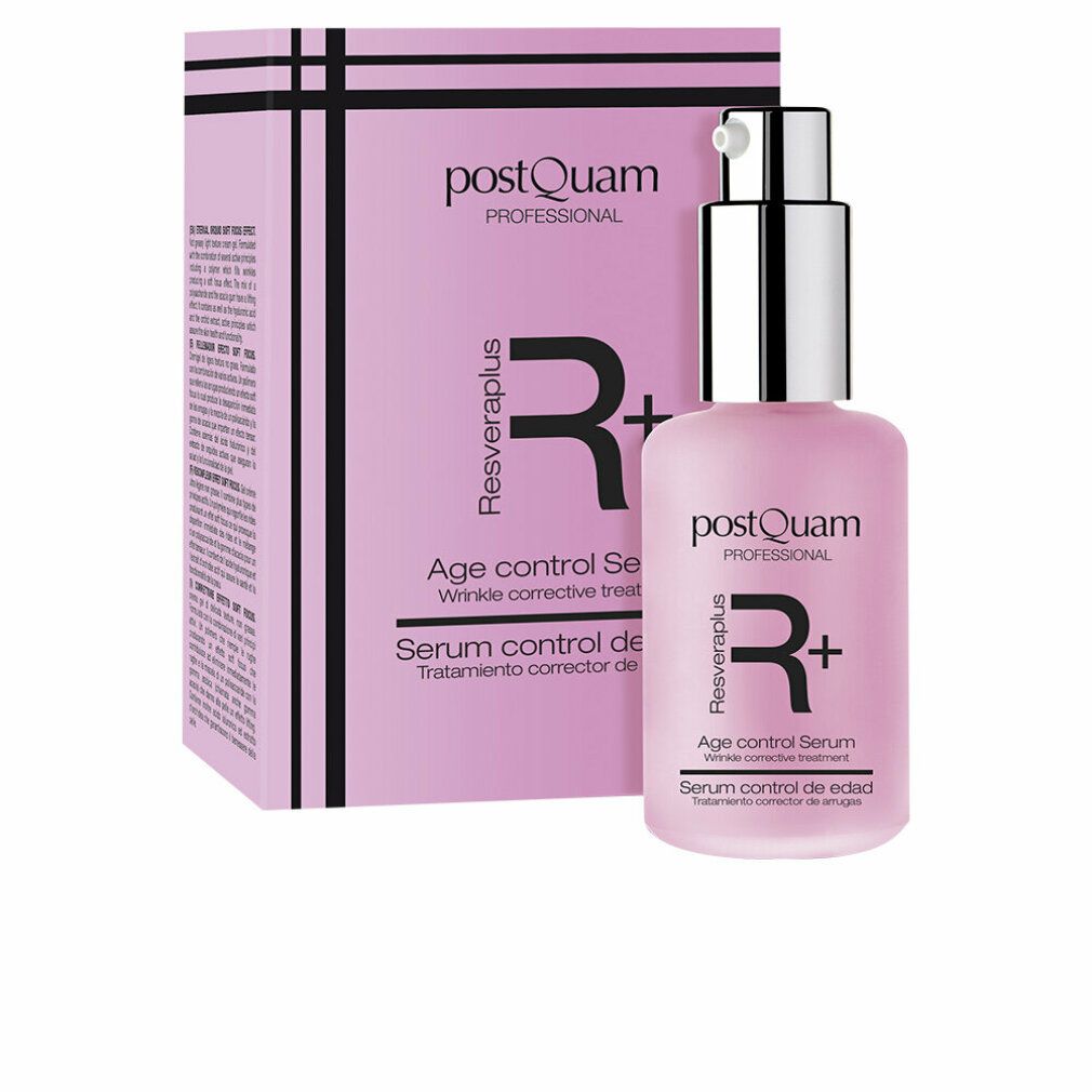 Rosa Flasche mit Sprühkopf und Verpackung. Aufschrift: Postquam, Resveraplus, Age control Serum.