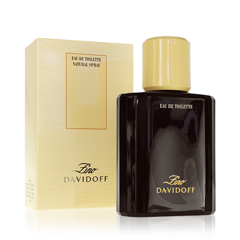 Schwarzer Flakon mit goldfarbenem Deckel. Aufschrift: Eau de Toilette. Zino Davidoff.