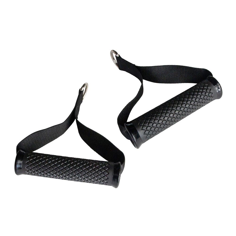 Zwei schwarze Griffe mit Schlaufen und Metallringen. Geriffelte Oberfläche.