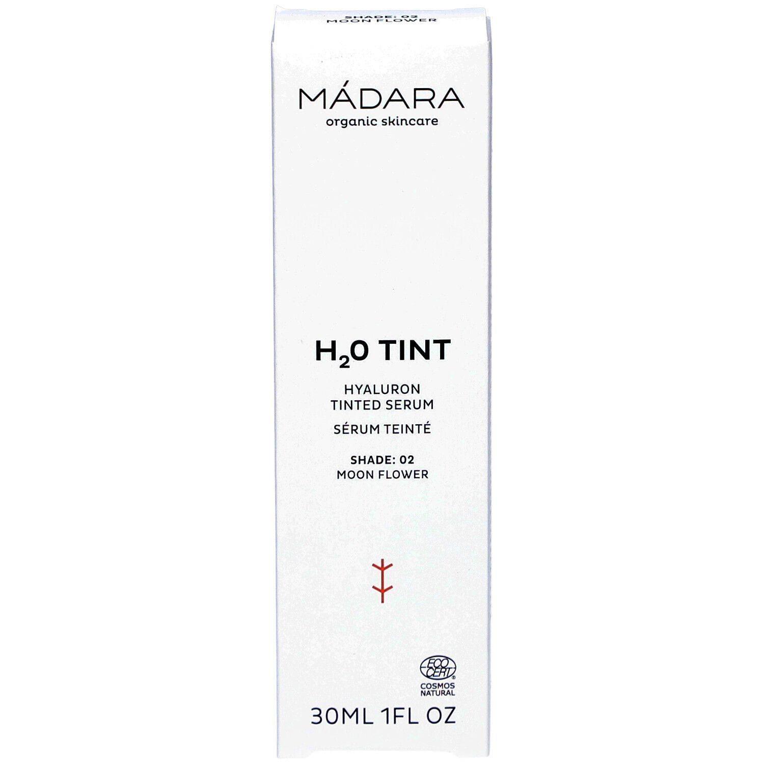 Weiße Produktverpackung mit Produktnamen und Marke. H2O TINT Hyaluron getöntes Serum. Shade 02 Moon Flower. 30ml 1FL OZ.