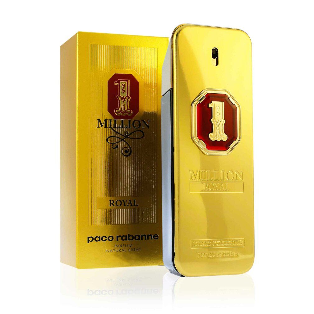 Goldene Flasche und Verpackung. Aufschrift: 1 Million Royal, Paco Rabanne, 50 ml.
