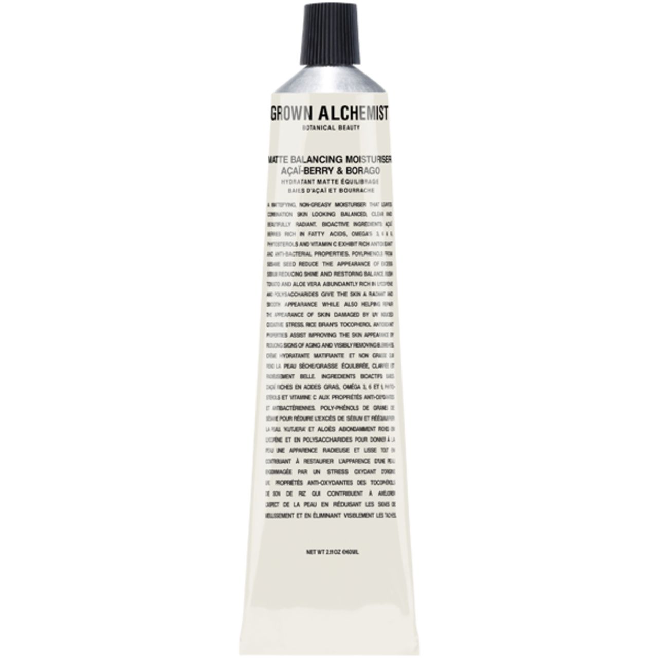 Creme-Tube mit schwarzem Deckel. Aufschrift: Grown Alchemist, Matte Balancing Moisturiser. Text in Schwarz auf weißem Hintergrund.