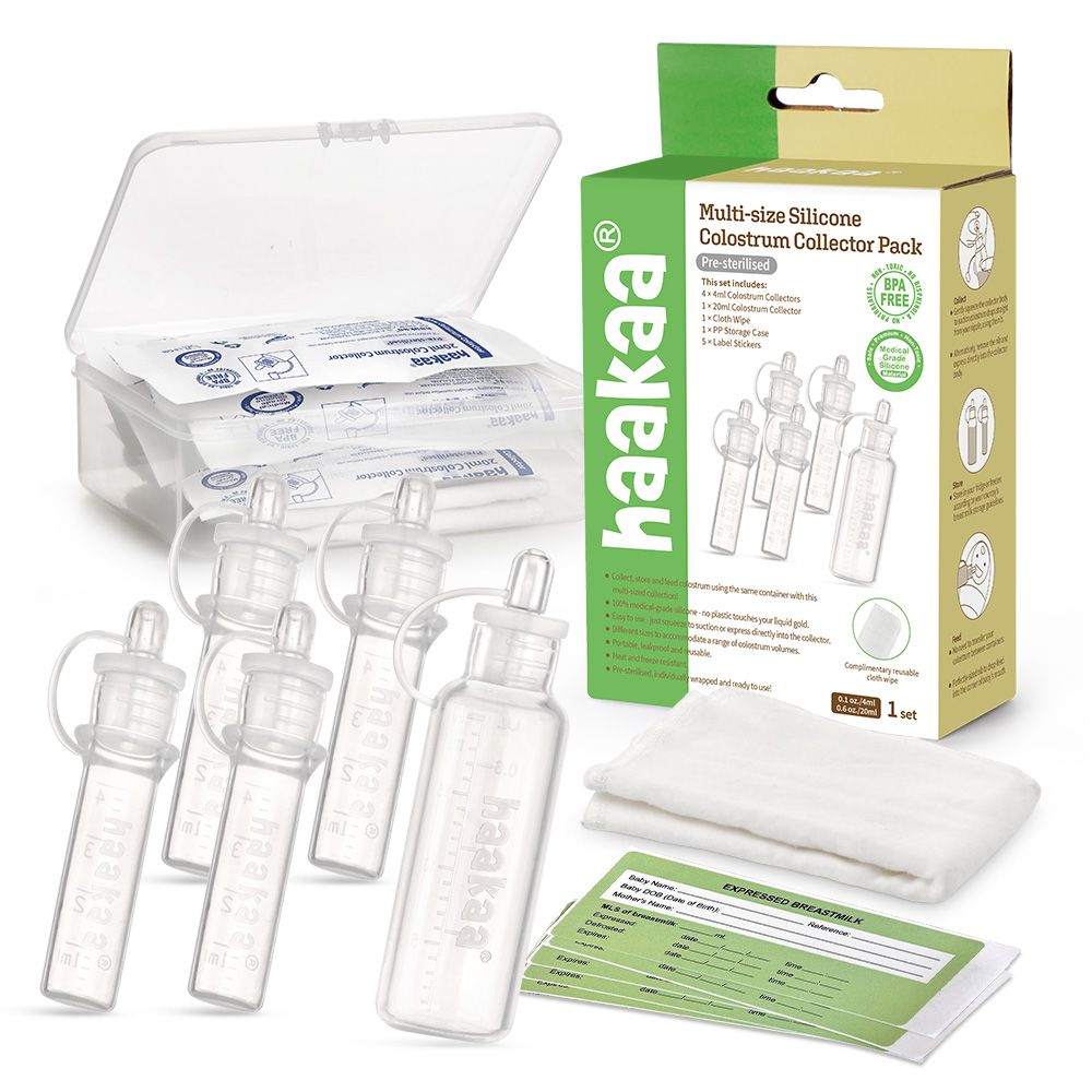 Mehrgrößen-Silikon-Kolostrum-Sammler-Set. Enthält Flaschen, Deckel, Tücher, Aufbewahrungsbox und Verpackung. BPA-frei.