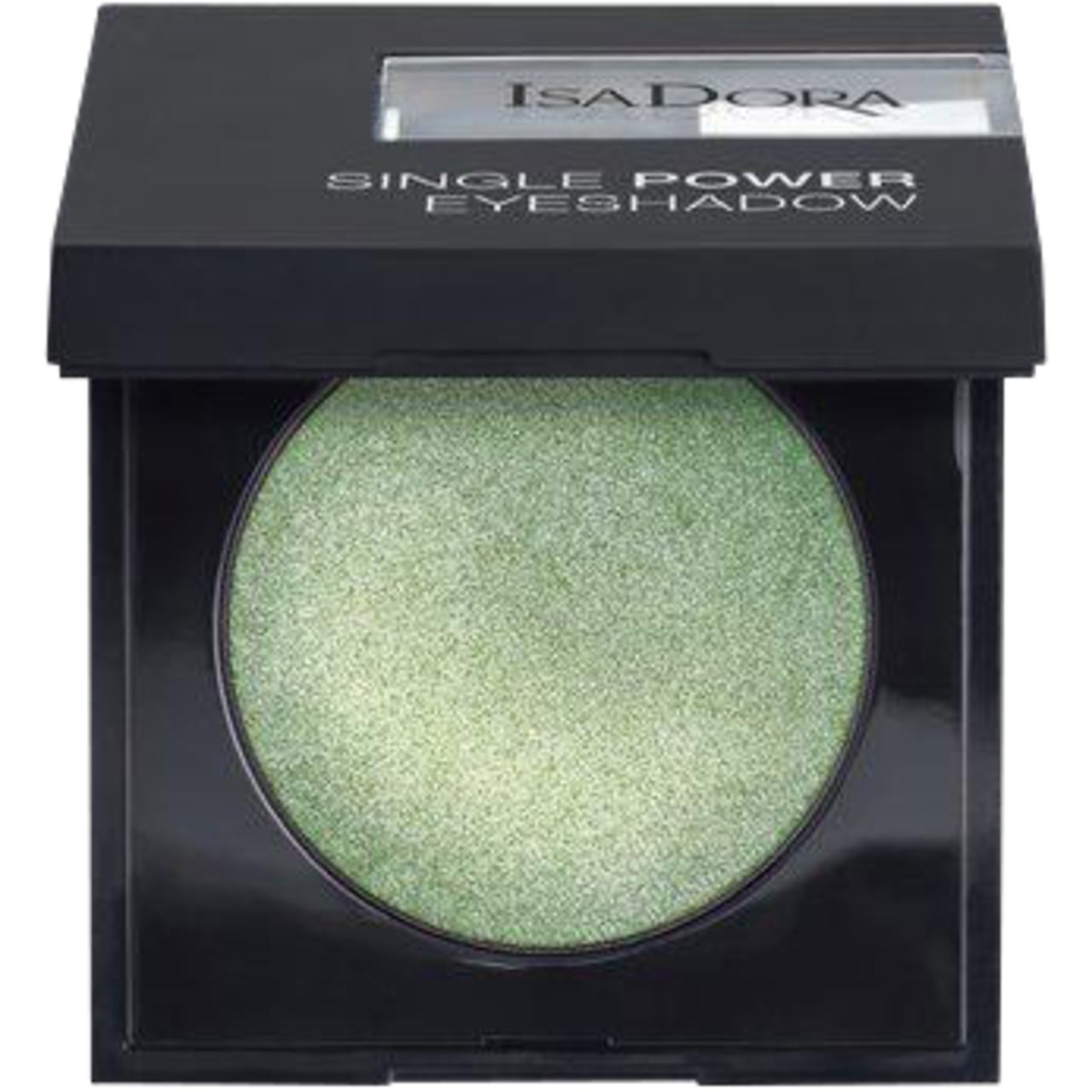 IsaDora Single Power Eyeshadow. Grünlicher Lidschatten in schwarzer quadratischer Verpackung. Marke und Produktname sichtbar.