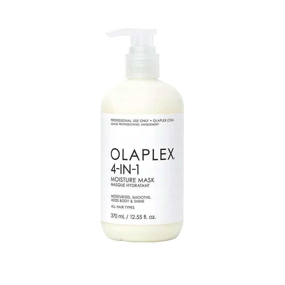 Weißliche Flasche mit Pumpverschluss. Aufschrift: OLAPLEX 4-IN-1 MOISTURE MASK. Enthält Text in Englisch und Französisch. Volumen: 370 ml.
