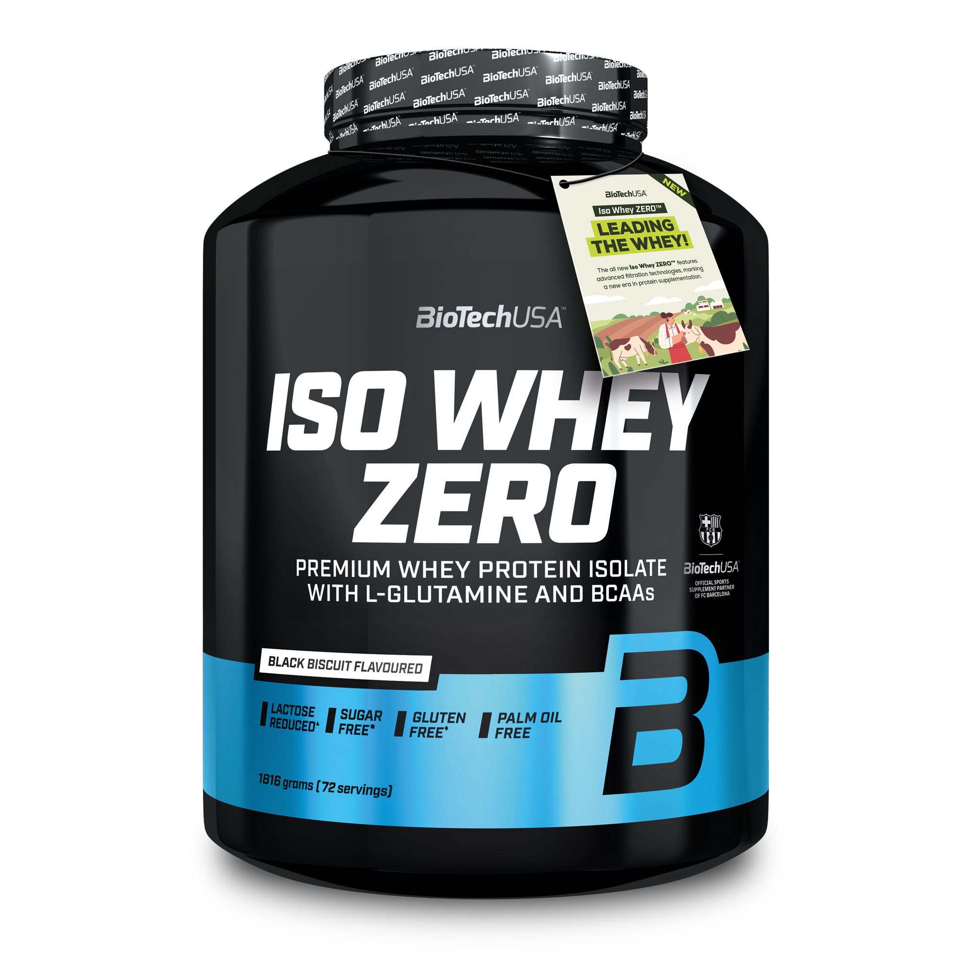 Schwarze Dose BioTechUSA Iso Whey Zero, Black Biscuit Flavoured. Mit Etikett und Aufschrift 'ISO WHEY ZERO'. Enthält L-Glutamin und BCAAs.