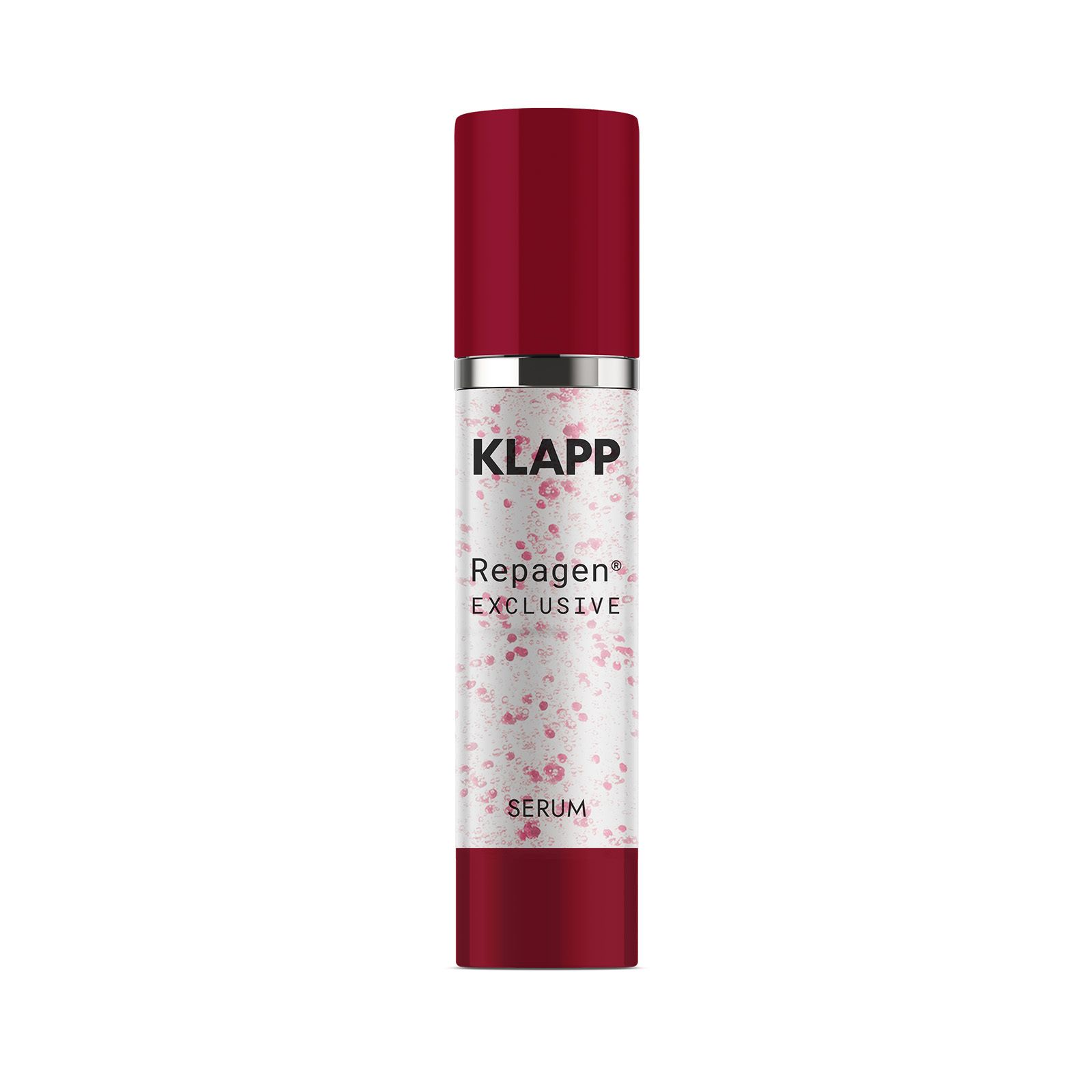 KLAPP Repagen EXCLUSIVE Serum in einer dunkelroten Flasche mit Pumpspender und einem Muster aus rosa Tupfen.
