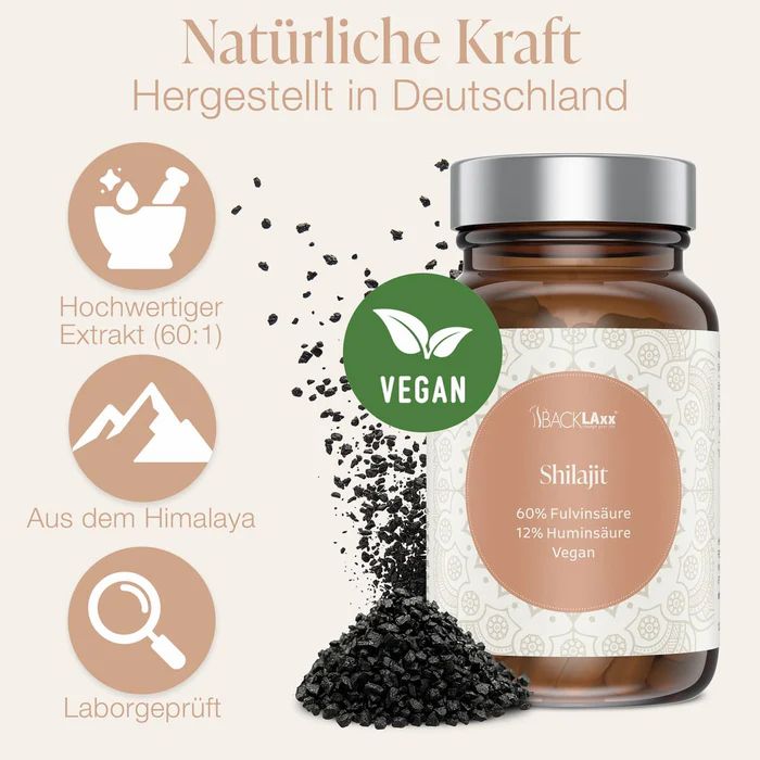 Braune Glasflasche mit Kapseln. Etikett mit Produktinformationen. Schwarzes Pulver und Symbole.