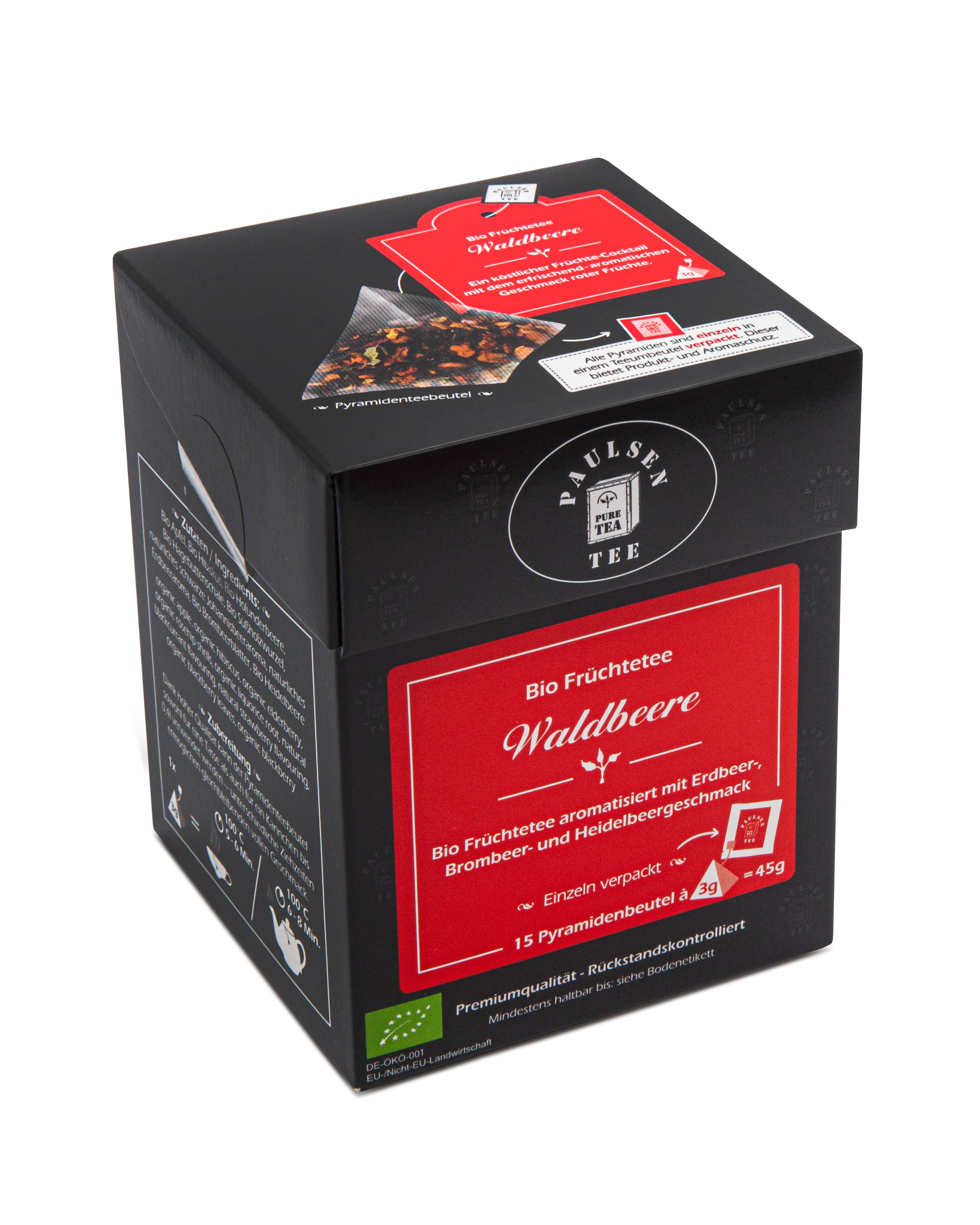 Schwarze Tee-Box mit rotem Etikett. Aufschrift: Bio Früchtetee Waldbeere. 15 Pyramidenbeutel à 3g. Paulsen Tee Logo.