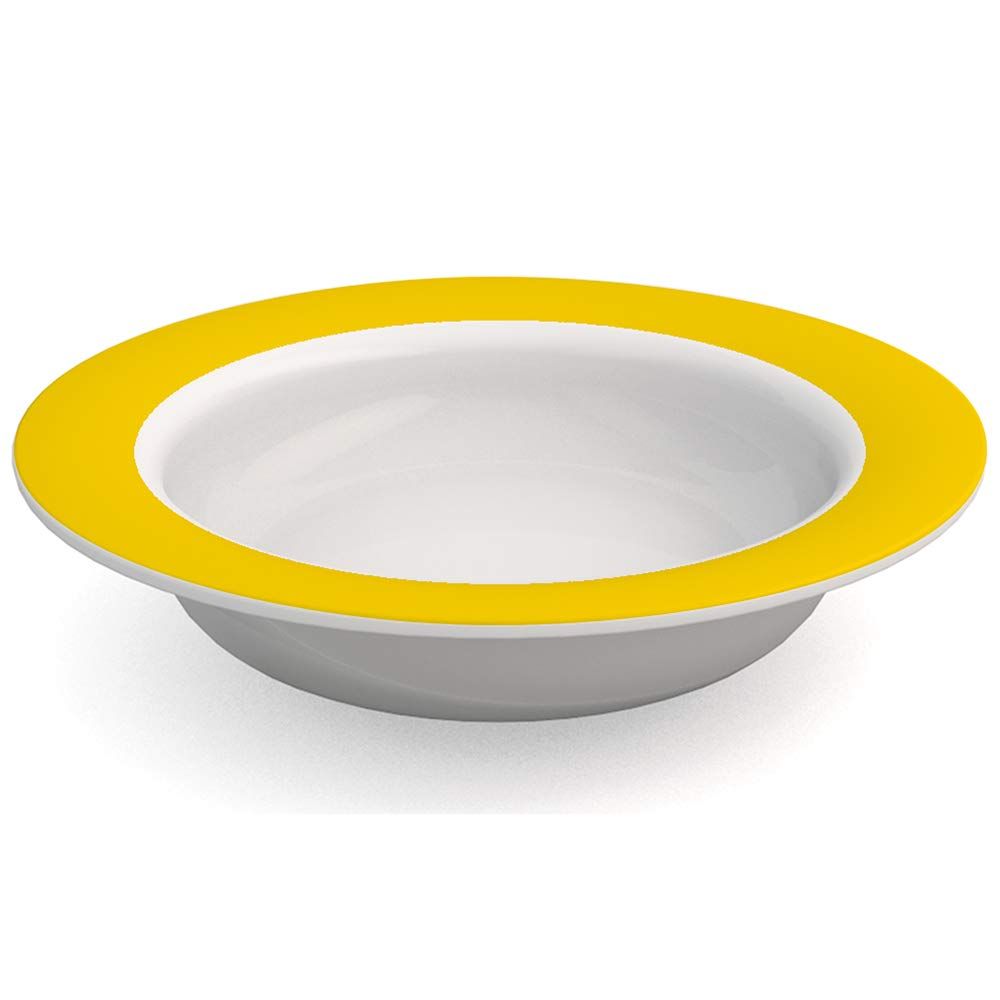 Gelbe Schale mit weißem Innenraum. Runde Form mit niedrigem Rand.