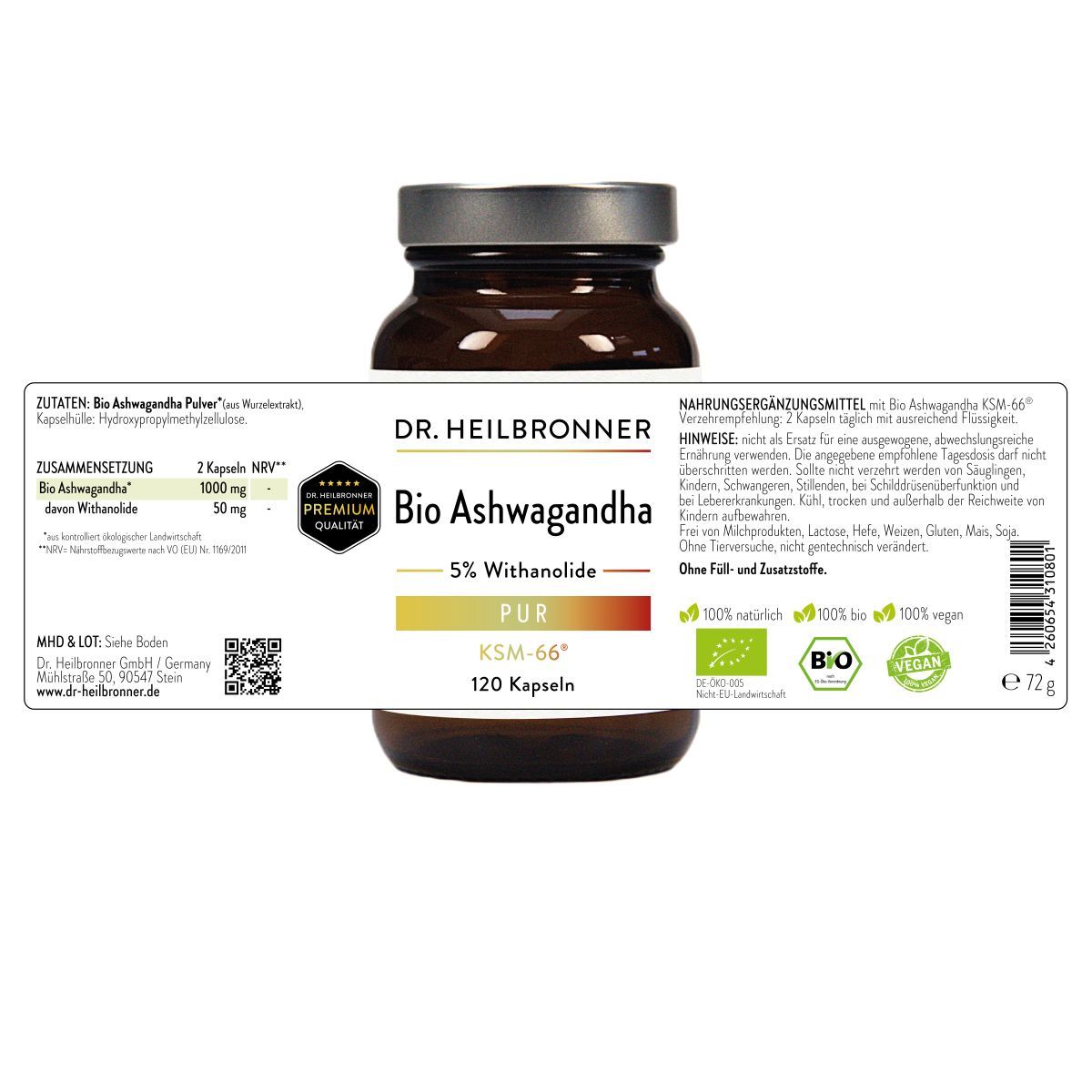 Braune Glasflasche mit Schraubverschluss. Etikett mit Produktnamen, Inhaltsstoffen und Zertifizierungen. 120 Kapseln.