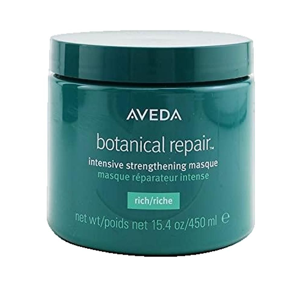 Runde, grüne Dose mit Deckel. Aufschrift AVEDA, botanical repair, intensive strengthening masque, rich/riche. Nettoinhalt 15,4 oz/450 ml.