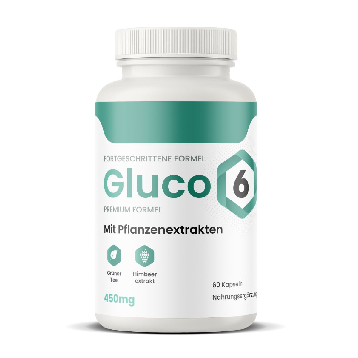 Weiße Flasche mit grünem Etikett. Aufschrift: Gluco6, mit Pflanzenextrakten, 60 Kapseln. 450mg. Grüntee, Himbeerextrakt.