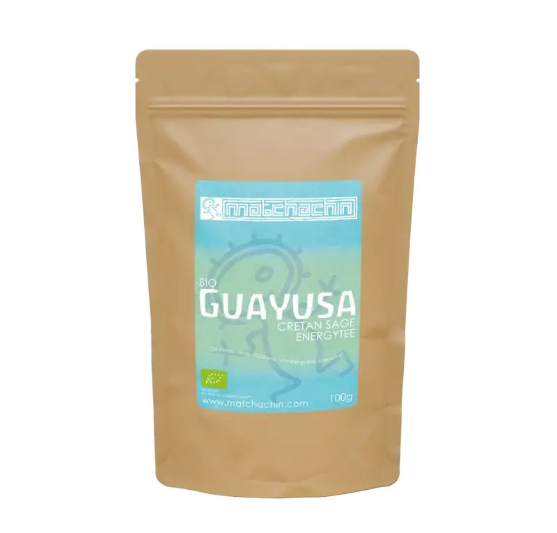 Brauner Beutel mit blauem Etikett. Text: Matchachin BIO Guayusa Cretan Sage ENERGYTEE. Grünes Bio-Siegel.