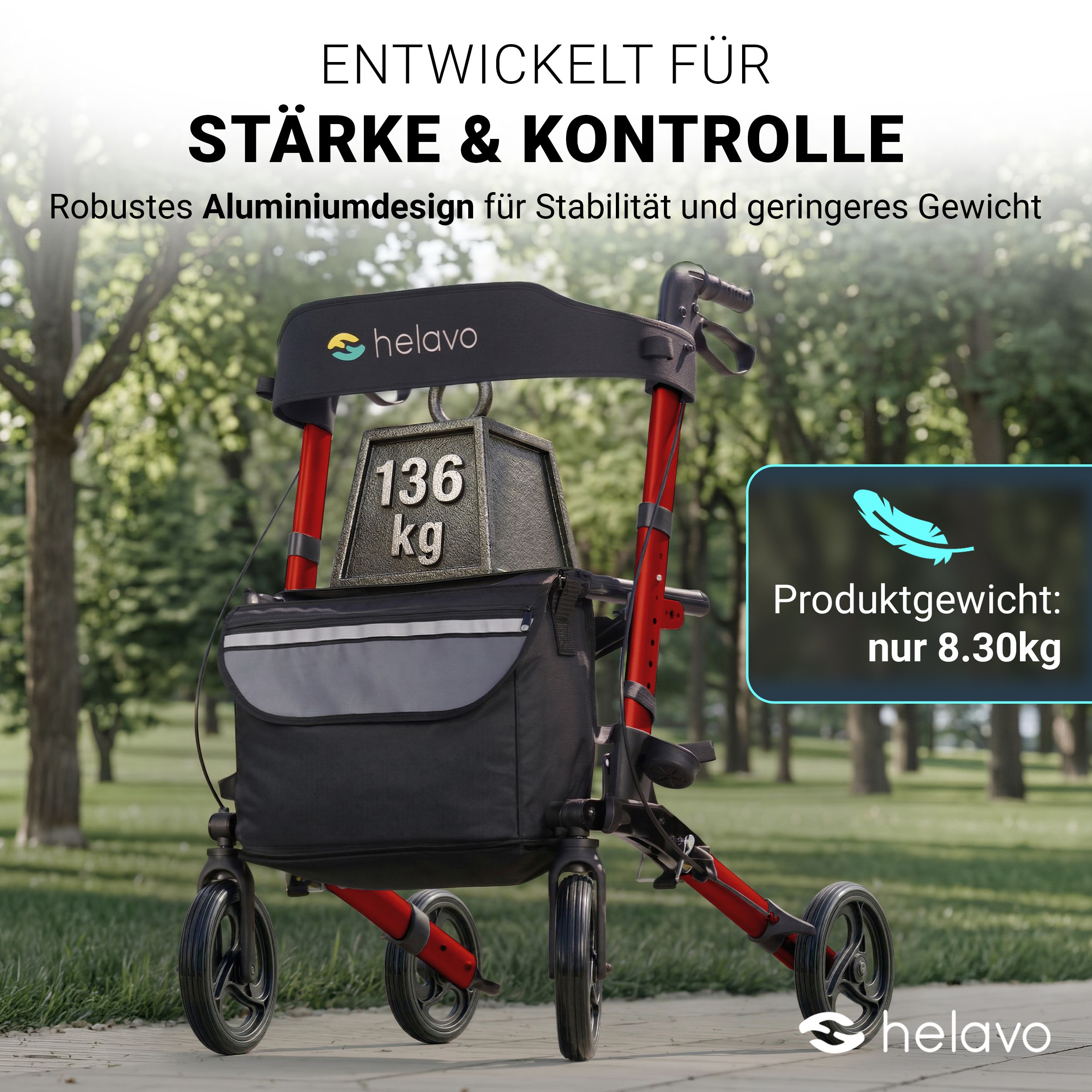 Helavo Aluminium Rollator faltbar mit Sitzfläche und Reisetasche leicht 8,3kg