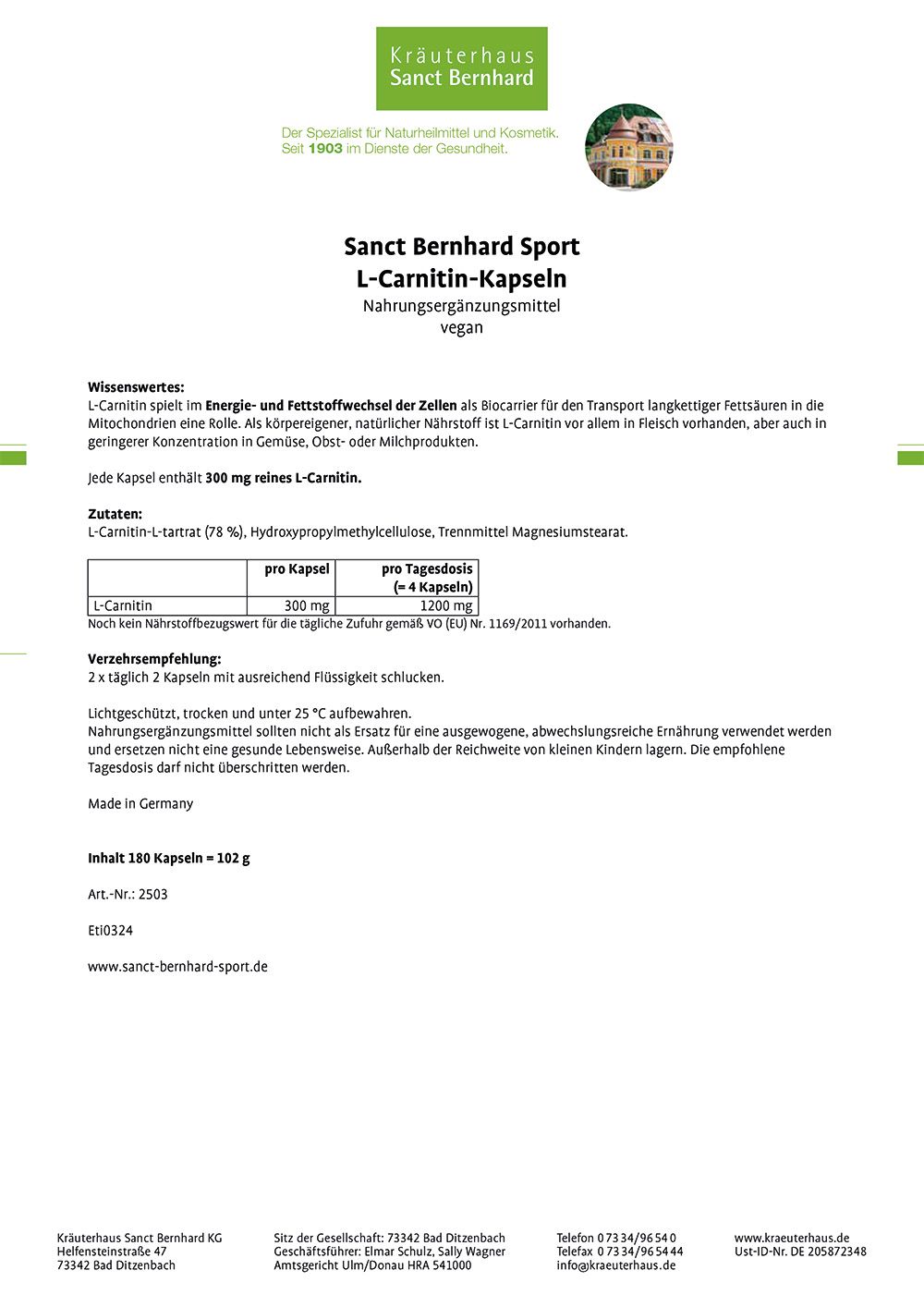 Sanct Bernhard Sport L-Carnitin-Kapseln 180 St Kapseln