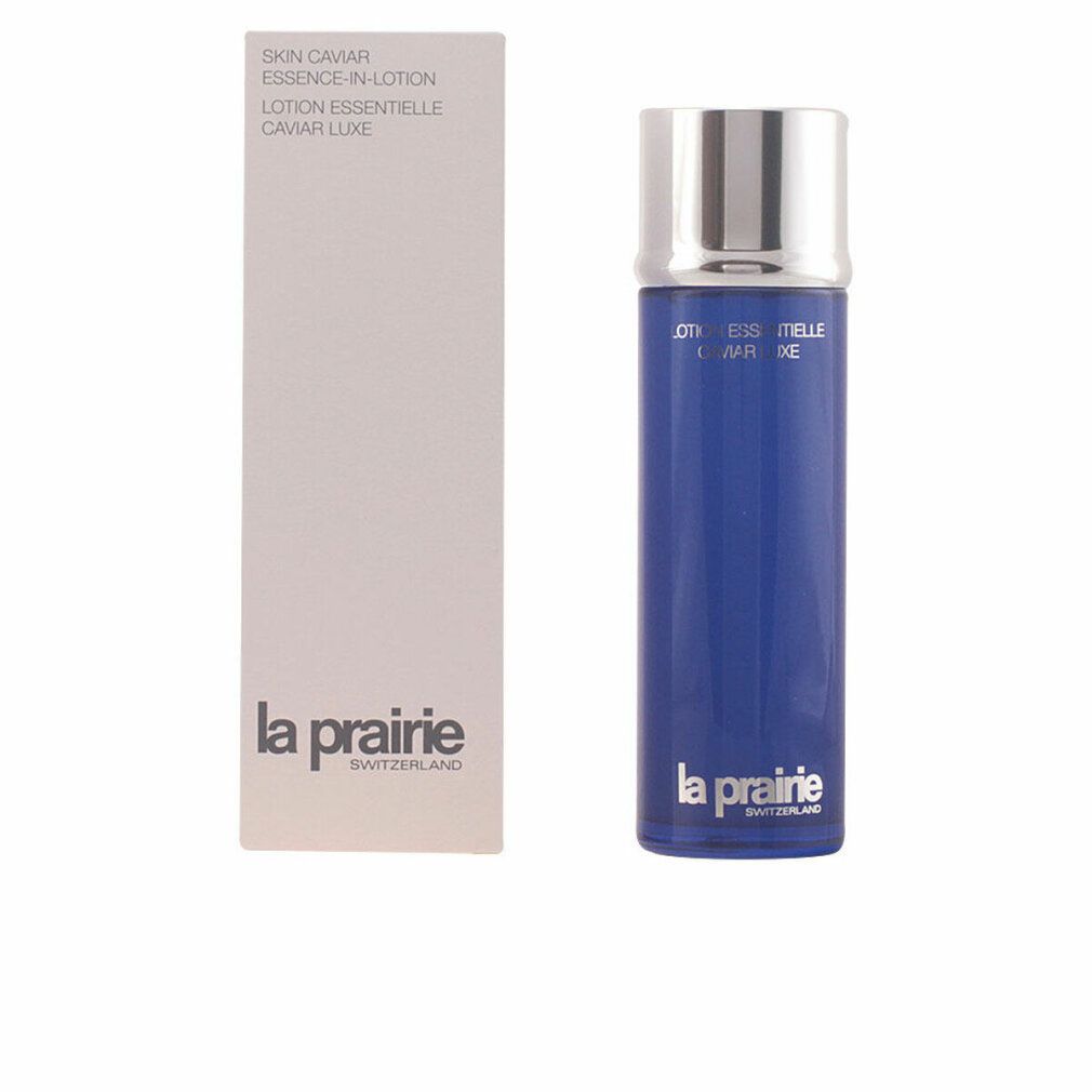 Blaue Flasche mit silbernem Deckel und Verpackung. Aufschrift: Skin Caviar Essence-in-Lotion. Marke: La Prairie.
