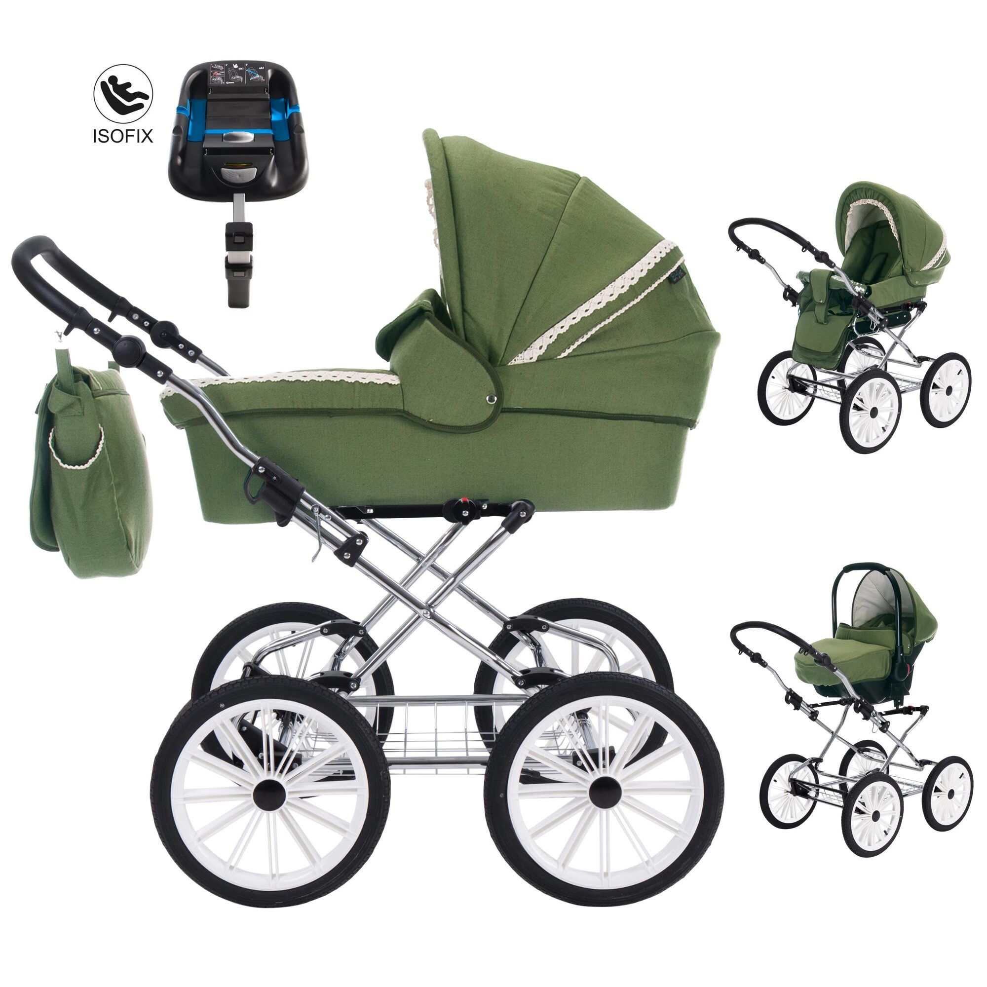 Kinderwagen mit grünem Verdeck, Tasche und ISOFIX-Kindersitz. Chromgestell, weiße Räder. Mehrere Ansichten.