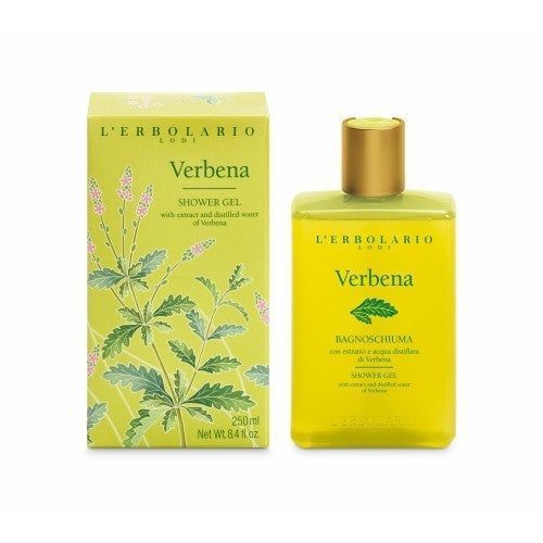 Gelbe Flasche und Schachtel mit Produktaufdruck. Aufschrift: L'Erbolario, Verbena, Duschgel. Abbildung einer Pflanze.