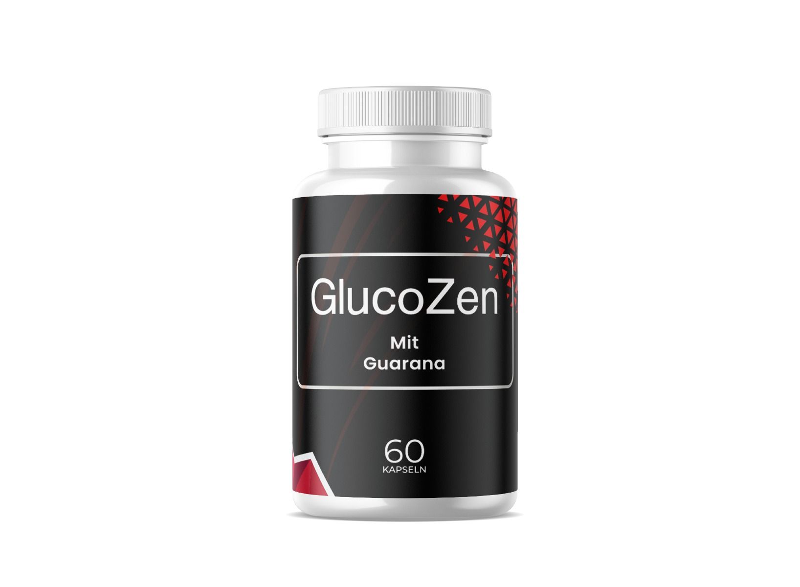 Weiße Flasche mit schwarzem Etikett. Aufschrift: GlucoZen, Mit Guarana, 60 Kapseln.