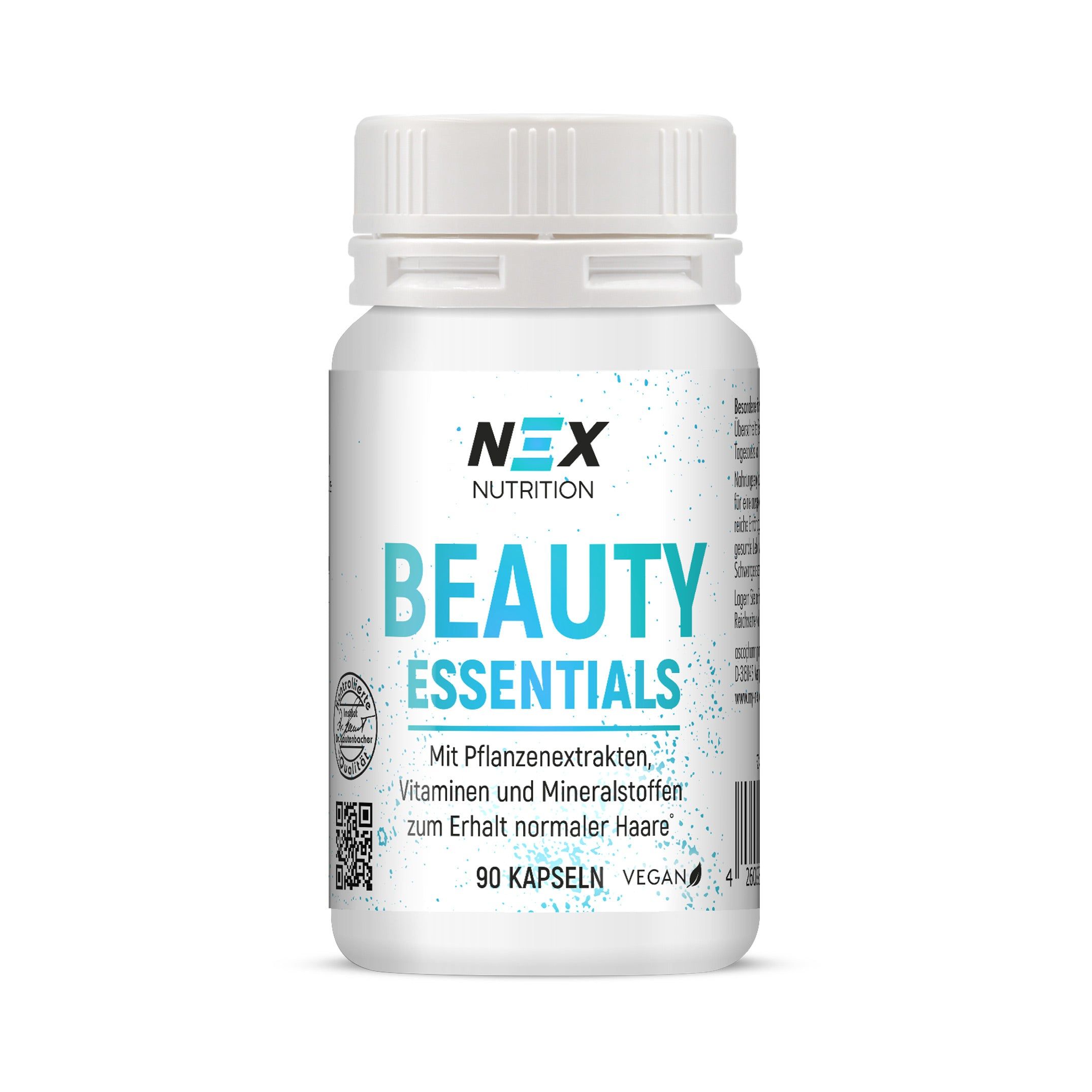 Weiße Flasche mit NEX Nutrition Beauty Essentials. Aufschrift: Beauty Essentials, 90 Kapseln, vegan. Mit Siegel.