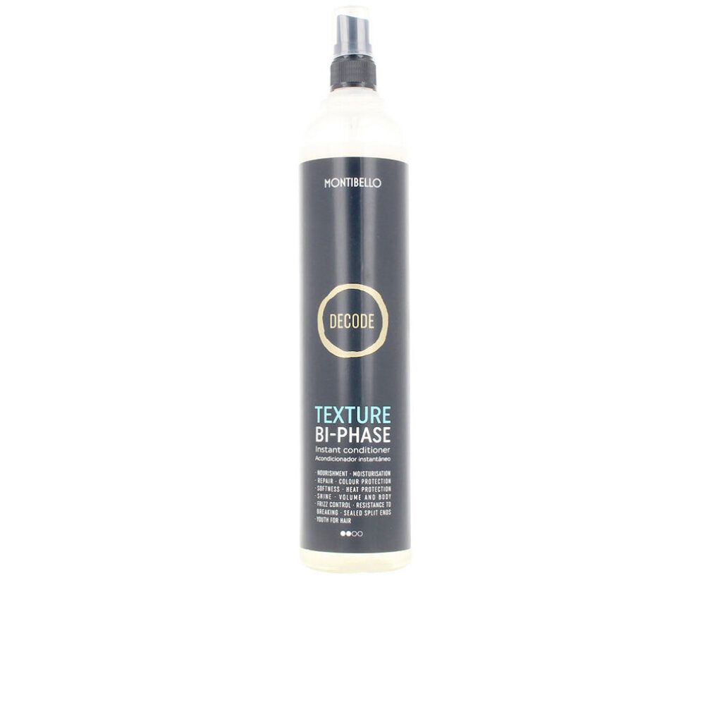 Haarspray-Flasche mit schwarzem Etikett. Aufschrift: Montibello, Decode, Texture Bi-Phase. Sprühkopf.