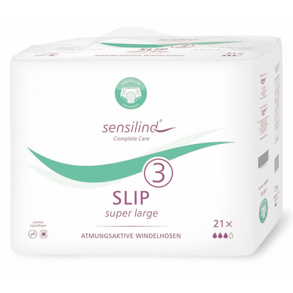 Verpackung von Sensilind Slip Super 3 L. Weiß, mit grünen Akzenten und Produktbezeichnung. 21 Stück.