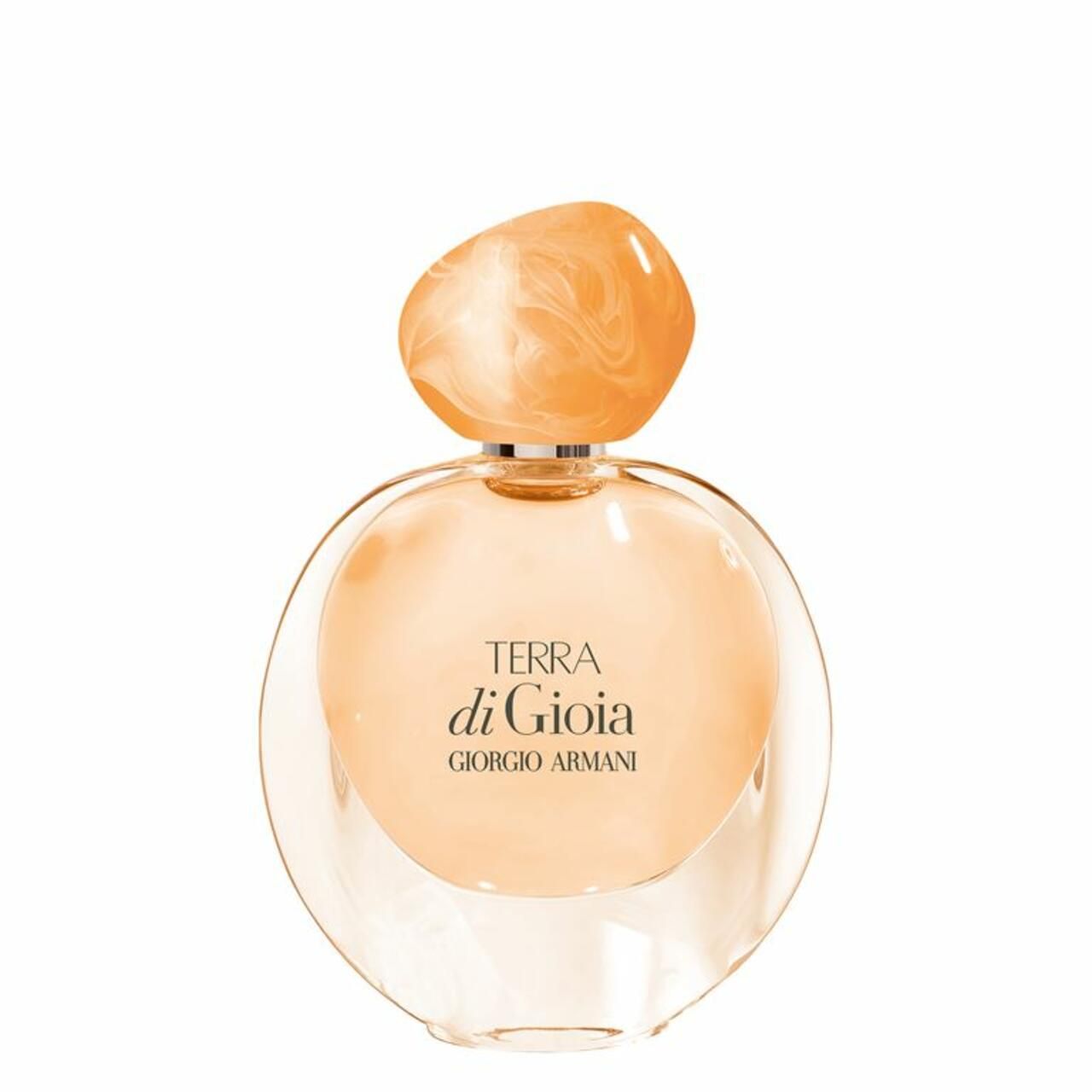 Runder Flakon Terra di Gioia von Giorgio Armani. Orangefarbener Inhalt, Deckel mit marmoriertem Effekt. Schriftzug.