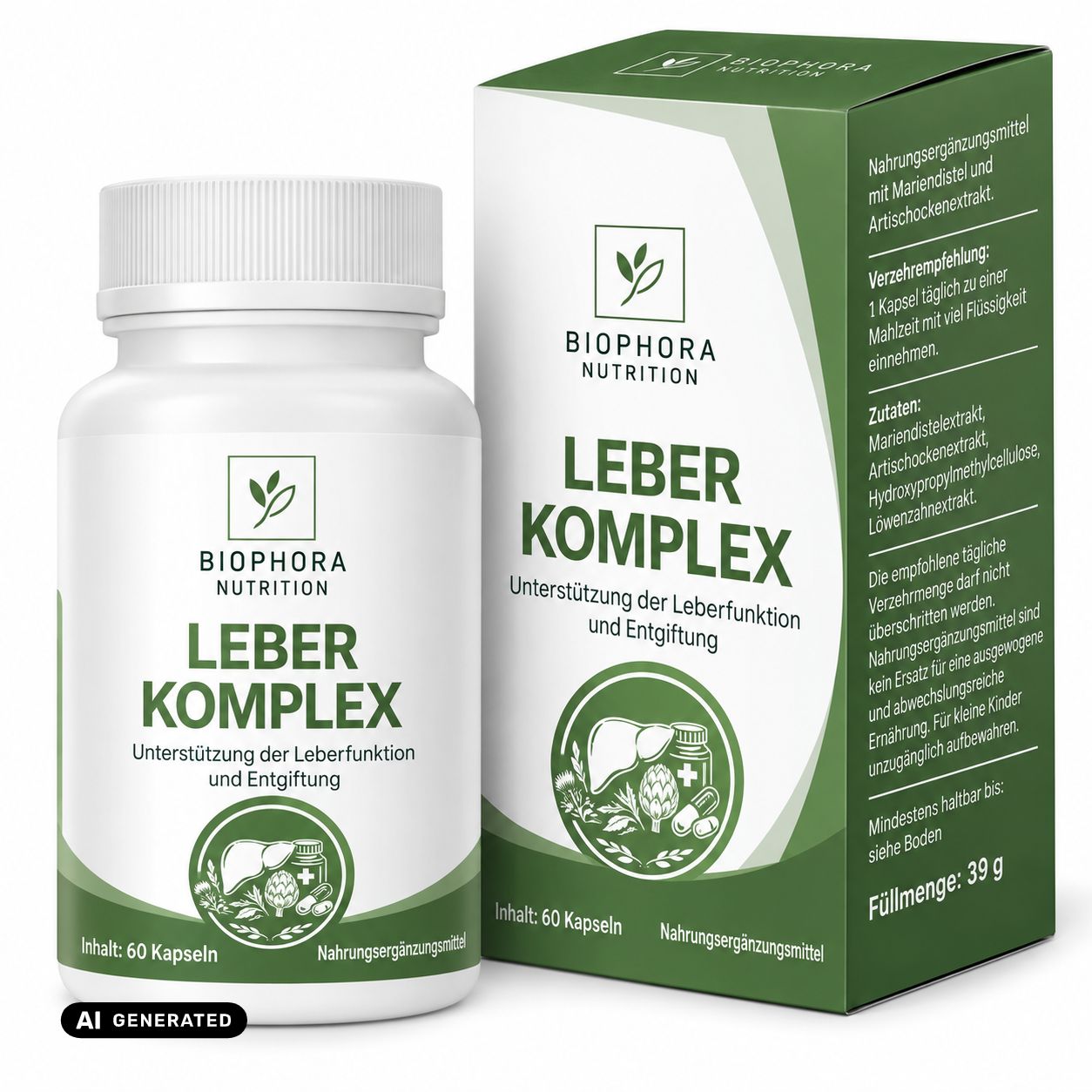 Flasche und Kartonverpackung des Produkts, beide mit Etikett.