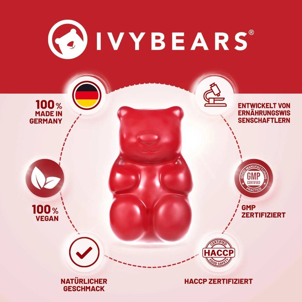 Roter Gummibär. Kreisförmige Anordnung mit Text: 100% Made in Germany, 100% Vegan, Natürlicher Geschmack, GMP zertifiziert, HACCP zertifiziert.