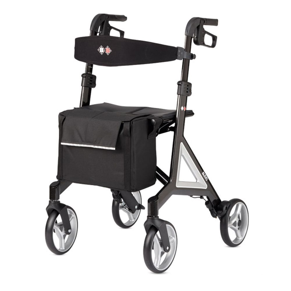 Leichter Rollator aus Carbon mit Sitz, Tasche und höhenverstellbarem Griff. Schwarzes Design.