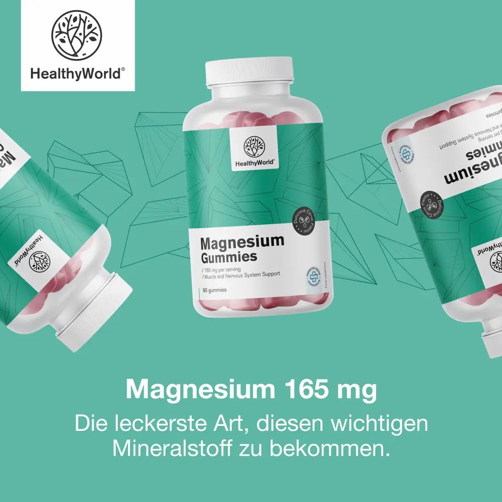 Drei Flaschen Magnesium Gummies. Text: Magnesium 165 mg, die leckerste Art, Mineralstoff zu bekommen.