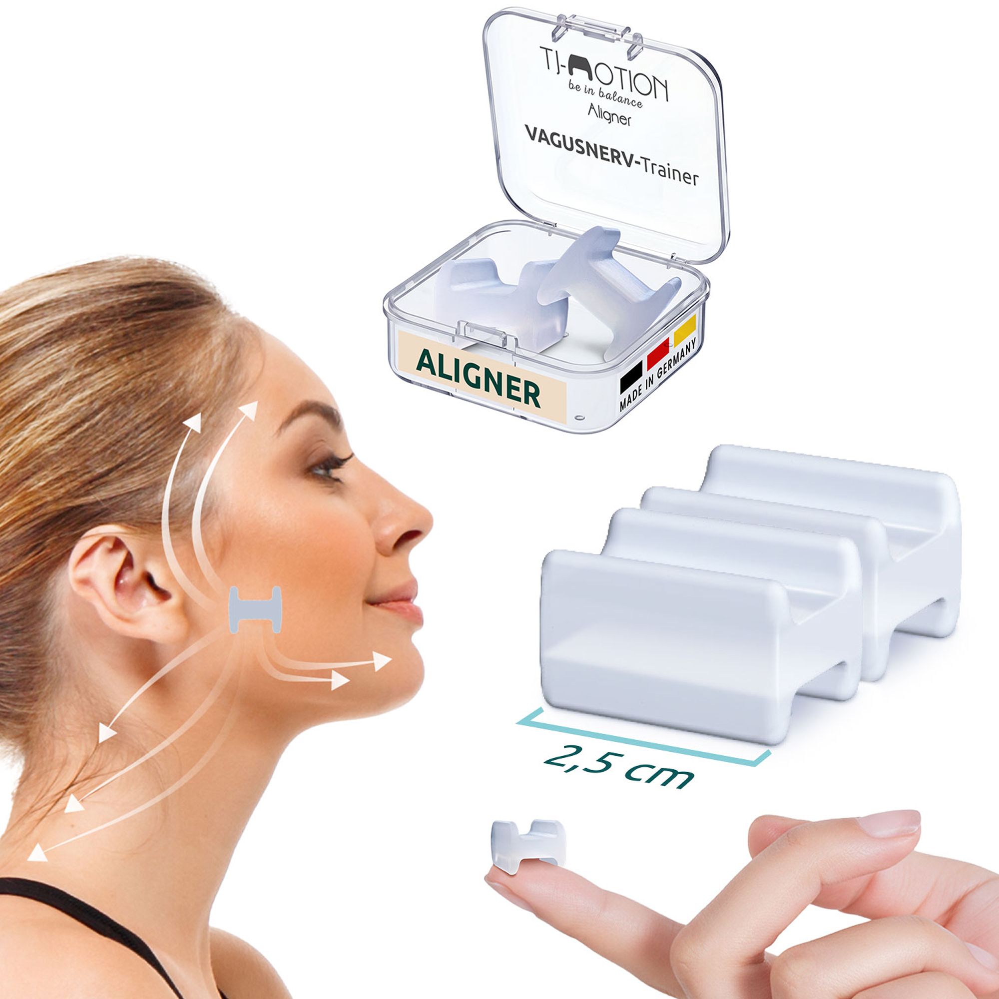 TJ-Motion Aligner 2,5cm. Weißes Kunststoffteil, H-förmig. Gezeigt in Verpackung und auf Finger. Produktname und Größe sichtbar.