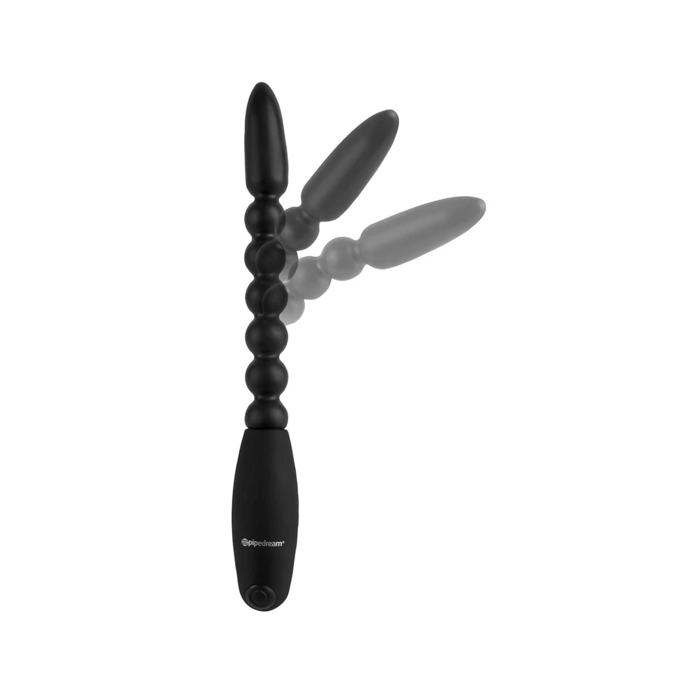 Schwarzes, flexibles Produkt mit kugelförmigen Elementen, in Bewegung dargestellt. Konisches Ende und Griff.