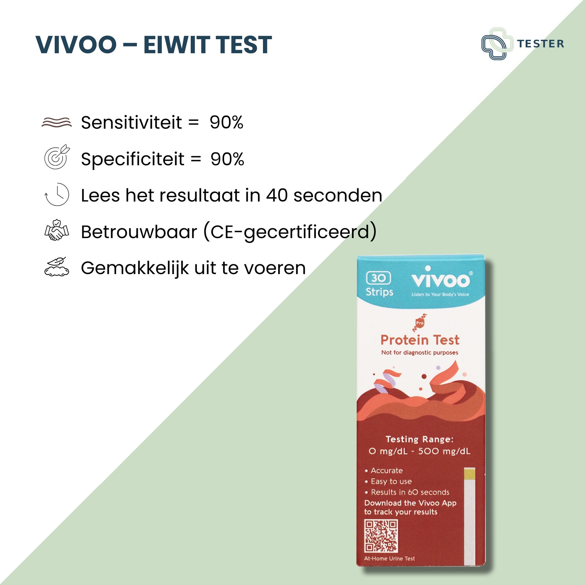 Vivoo Protein Test. Packung mit 30 Teststreifen. Testbereich: 0-500 mg/dL. Informationen zur Sensitivität und Spezifität.