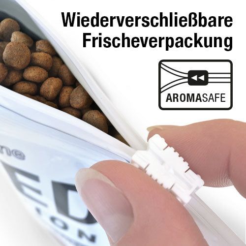 Nahaufnahme des wiederverschließbaren Reißverschlusses einer Wildsterne Trockenfutter-Frischeverpackung.